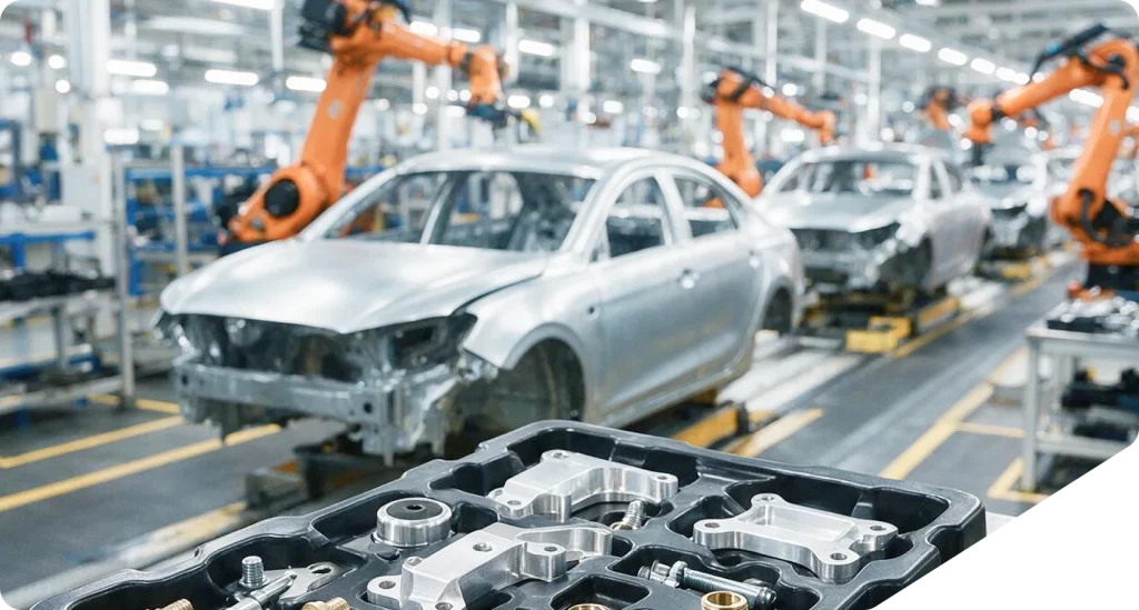 Roboterarm verpackt Bauteile auf einer Fertigungslinie für die Automobilindustrie
