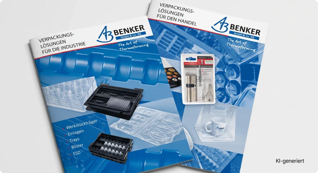 Die Broschüren Verpackungslösungen für die Industrie und für den Handel von Benker, nebeneinander auf hellem Untergrund